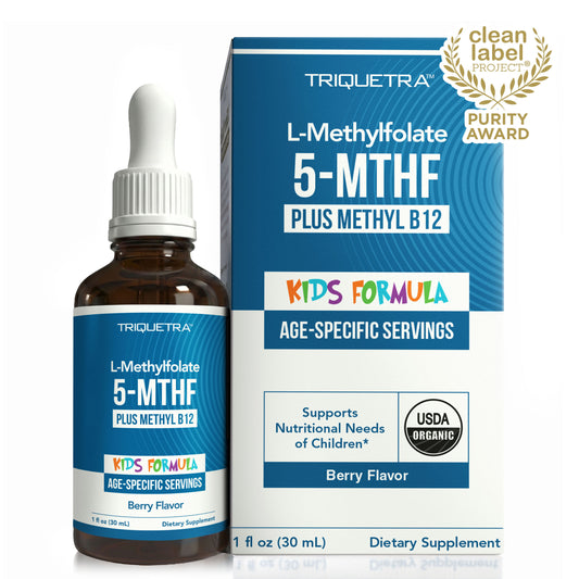 Triquetra Kids L-Methylfolate liquid with 5-MTHF active folate and methyl B12 for brain development, mood and behavior support in children