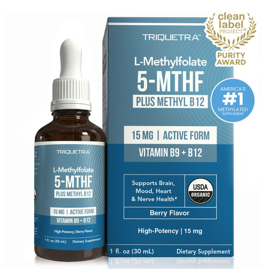 Triquetra L-Methylfolate 15 mg liquid drops with 5-MTHF active folate and methyl B12 for methylation, brain, mood, heart and nerve support