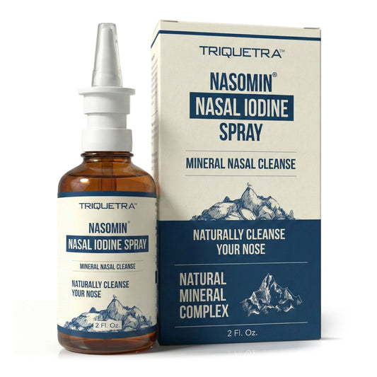 Triquetra Nasomin nasal iodine spray bottle and box for natural nasal cleanse and nasal hygiene support