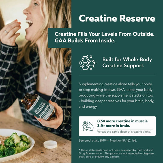 Woman taking Triquetra Creatine Reserve creatine and GAA supplement capsules for whole-body creatine support, enhanced brain and muscle creatine levels, energy production, cognitive support, and lean muscle performance