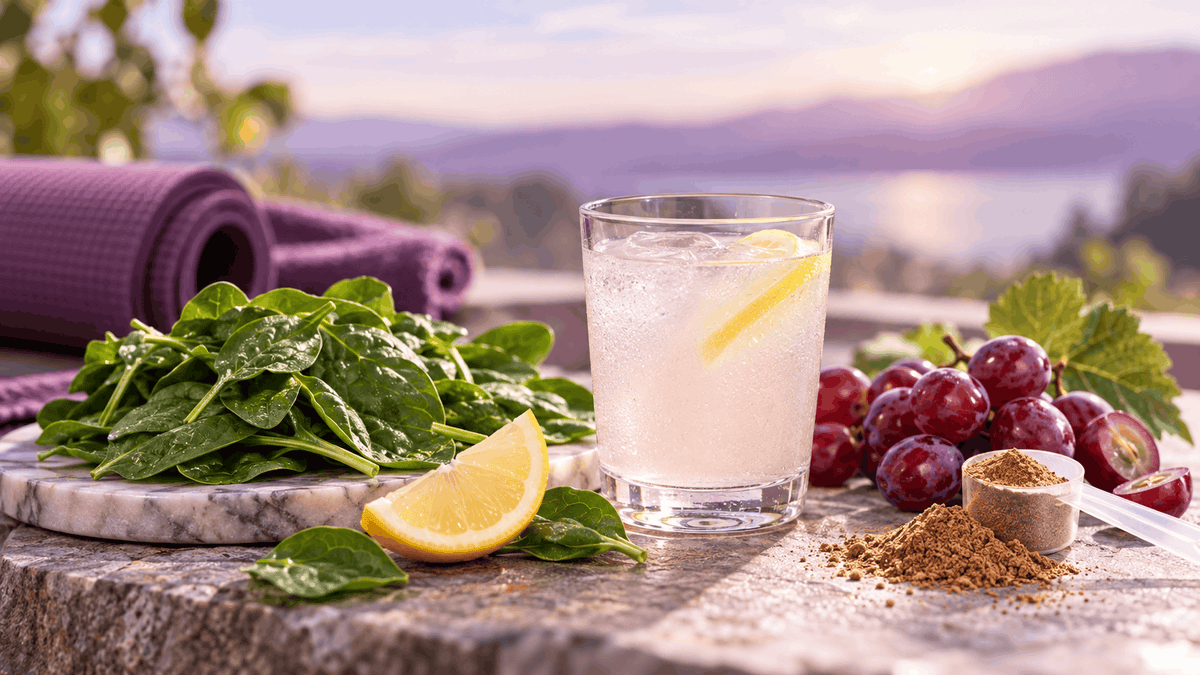 Iced lemon drink, fresh spinach, red grapes and a scoop of brown powder on a stone surface, with a purple yoga mat, sunlit lake and distant hills in the background.