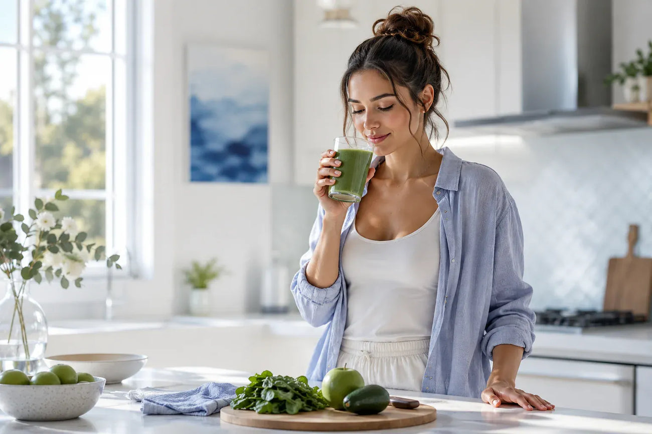Woman drinking smoothie with liquid B-Complex for preconception