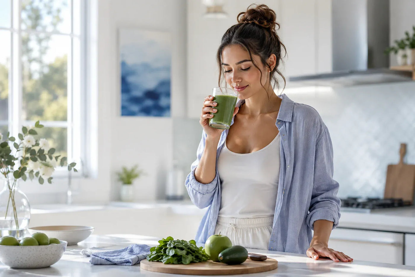 Woman drinking smoothie with liquid B-Complex for preconception