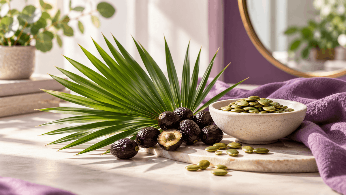 Saw palmetto berries, a bowl of pumpkin seeds, and a green palm frond on a sunlit vanity beside a purple towel.