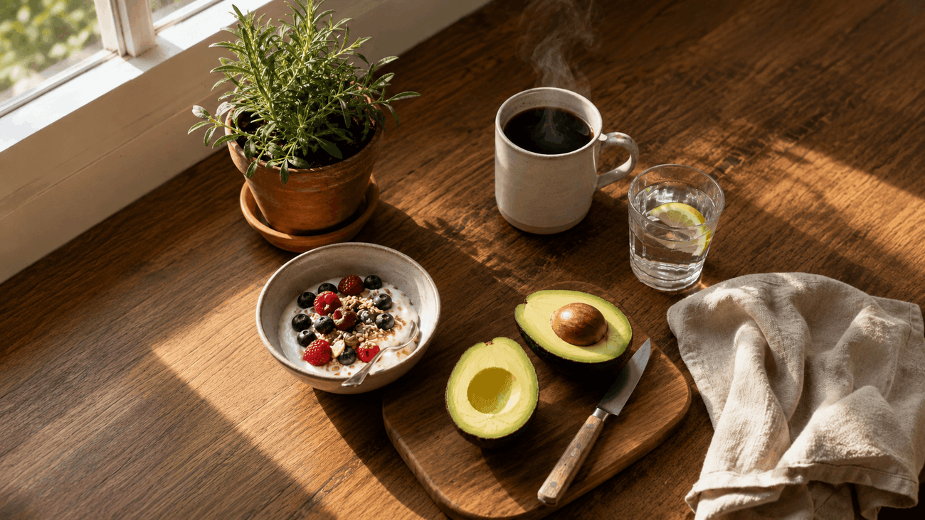 Warm morning kitchen still life with black coffee, Greek yogurt and berries, halved avocado, a glass of water with lemon, and an open notebook on a natural wood counter in golden morning light.