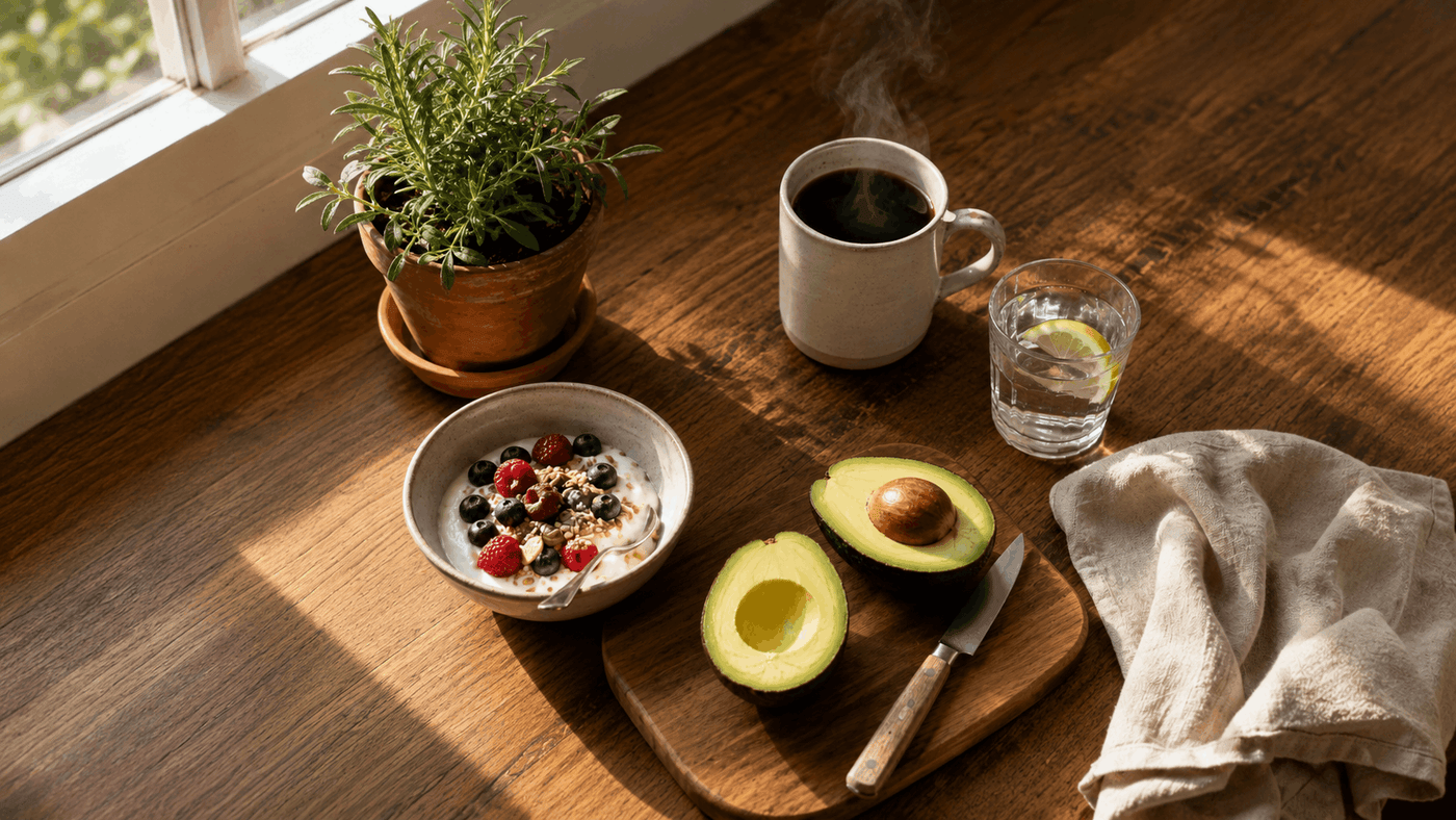 Warm morning kitchen still life with black coffee, Greek yogurt and berries, halved avocado, a glass of water with lemon, and an open notebook on a natural wood counter in golden morning light.