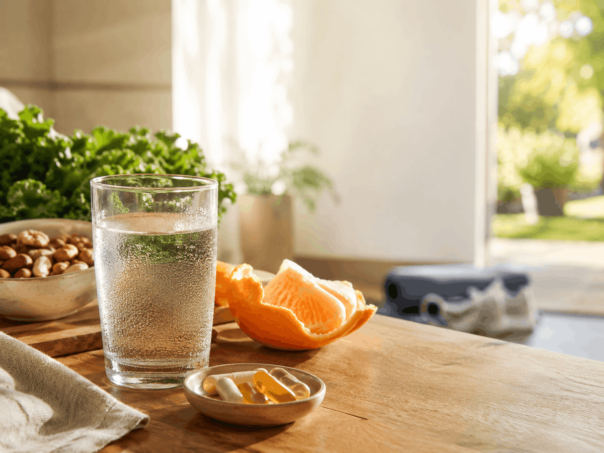 Glass of water and supplement capsules on a sunlit kitchen counter, part of a morning wellness routine