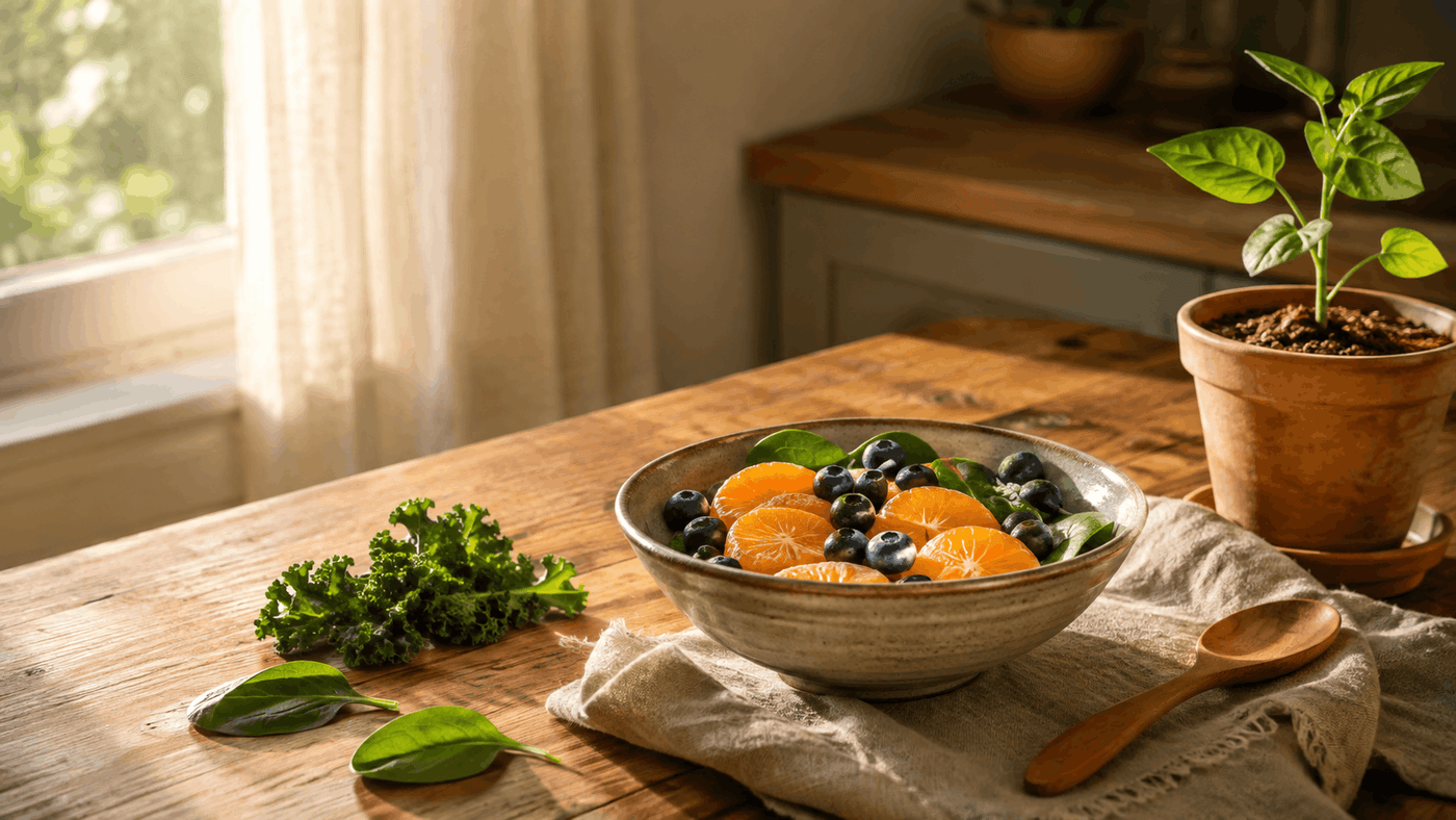 Sunlit breakfast table with fresh citrus, berries, and greens, and a small sprouting seedling, evoking a calm natural morning routine