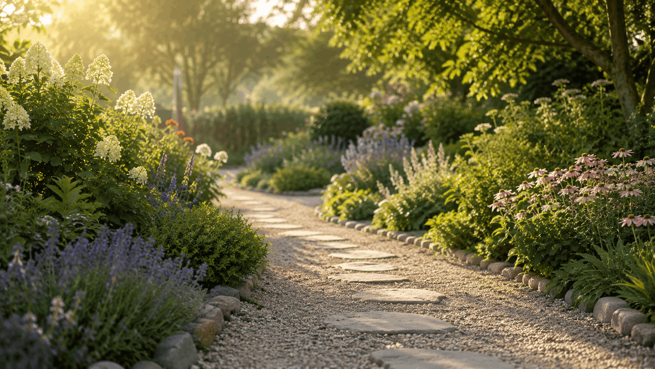 Sunlit garden path winding through blooming greenery in early morning light" sunlit-garden-path-morning-light.