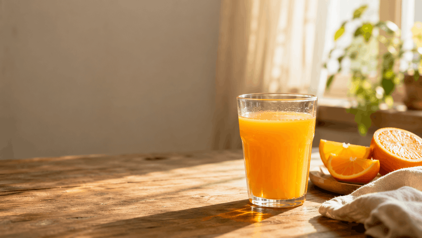Glass of morning juice on a sunlit wooden breakfast table with fresh orange slices" — morning-juice-breakfast-table-sunlight.
