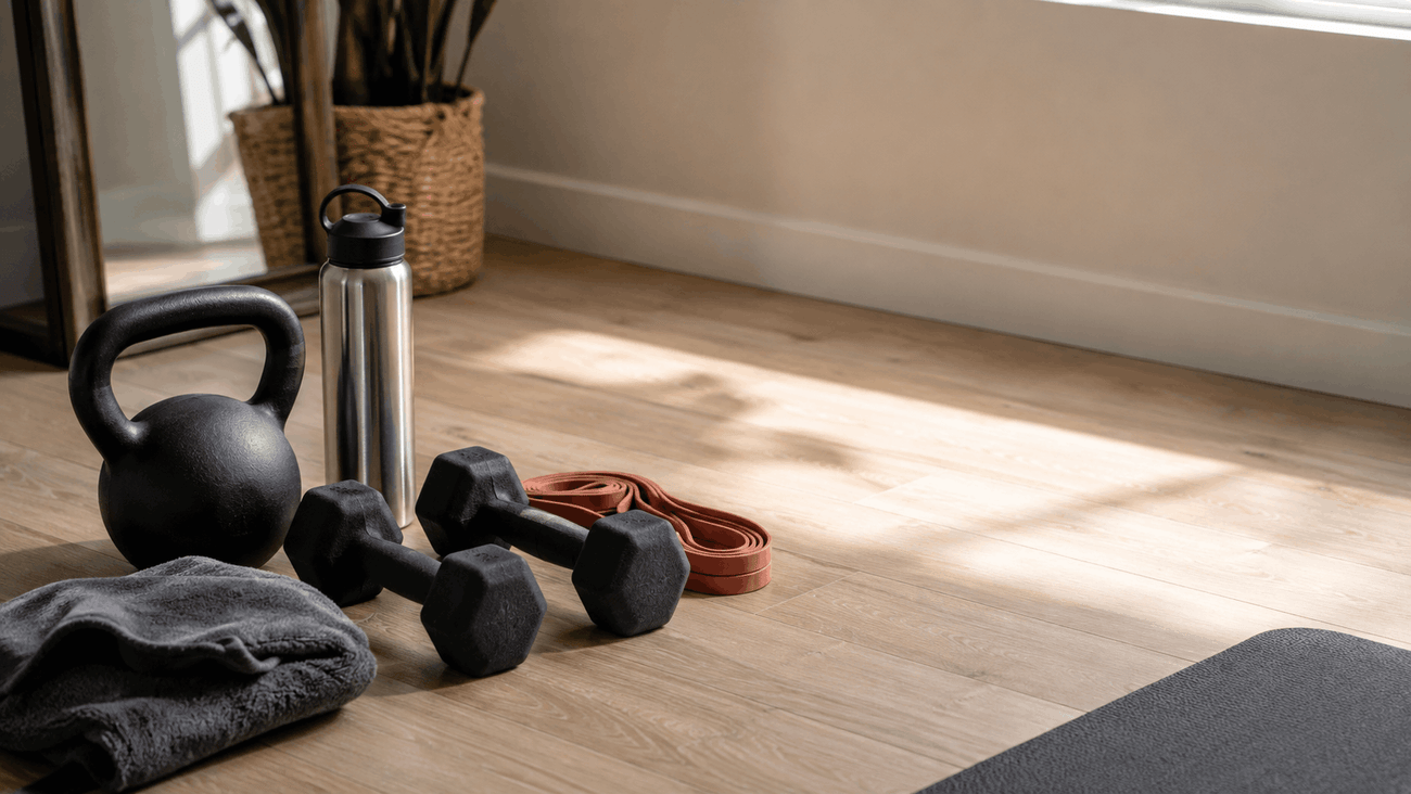 Dumbbells, kettlebell, and resistance band arranged on a home gym floor in soft morning light" — home-gym-strength-training-equipment.
