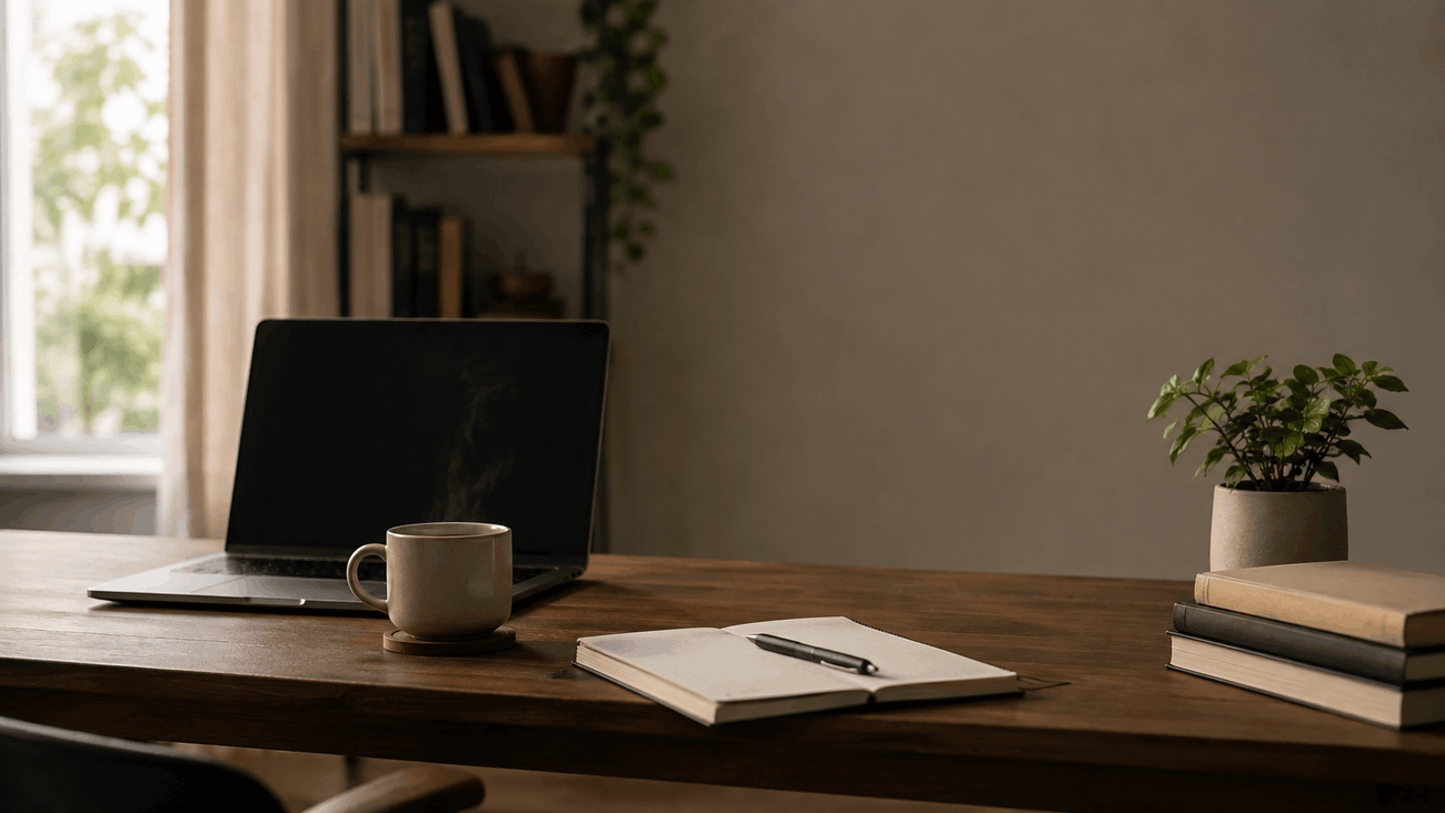 Minimalist desk with a notebook, coffee mug, and closed laptop in warm morning light" — deep-focus-workspace-desk-morning-light