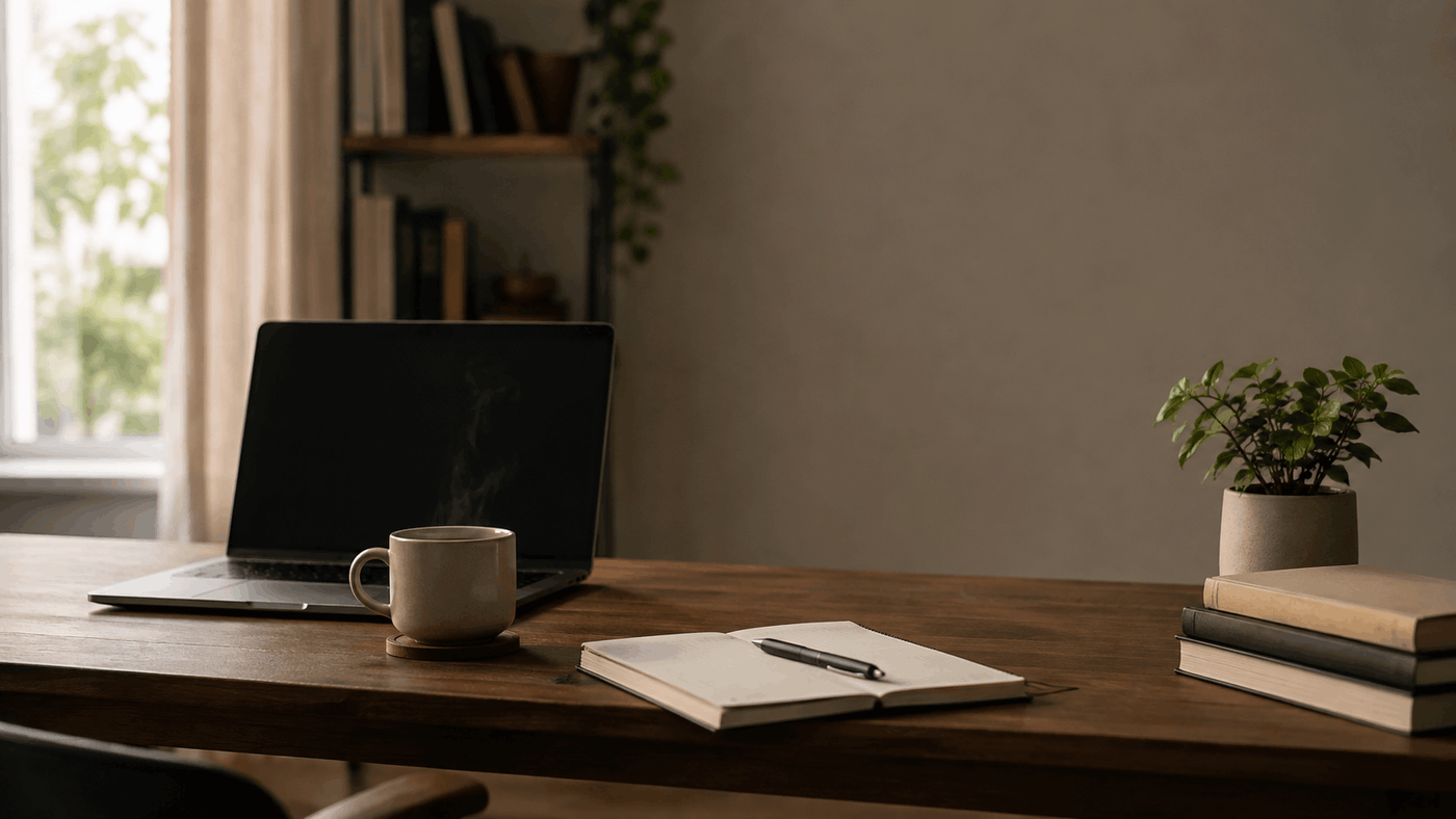 Minimalist desk with a notebook, coffee mug, and closed laptop in warm morning light" — deep-focus-workspace-desk-morning-light