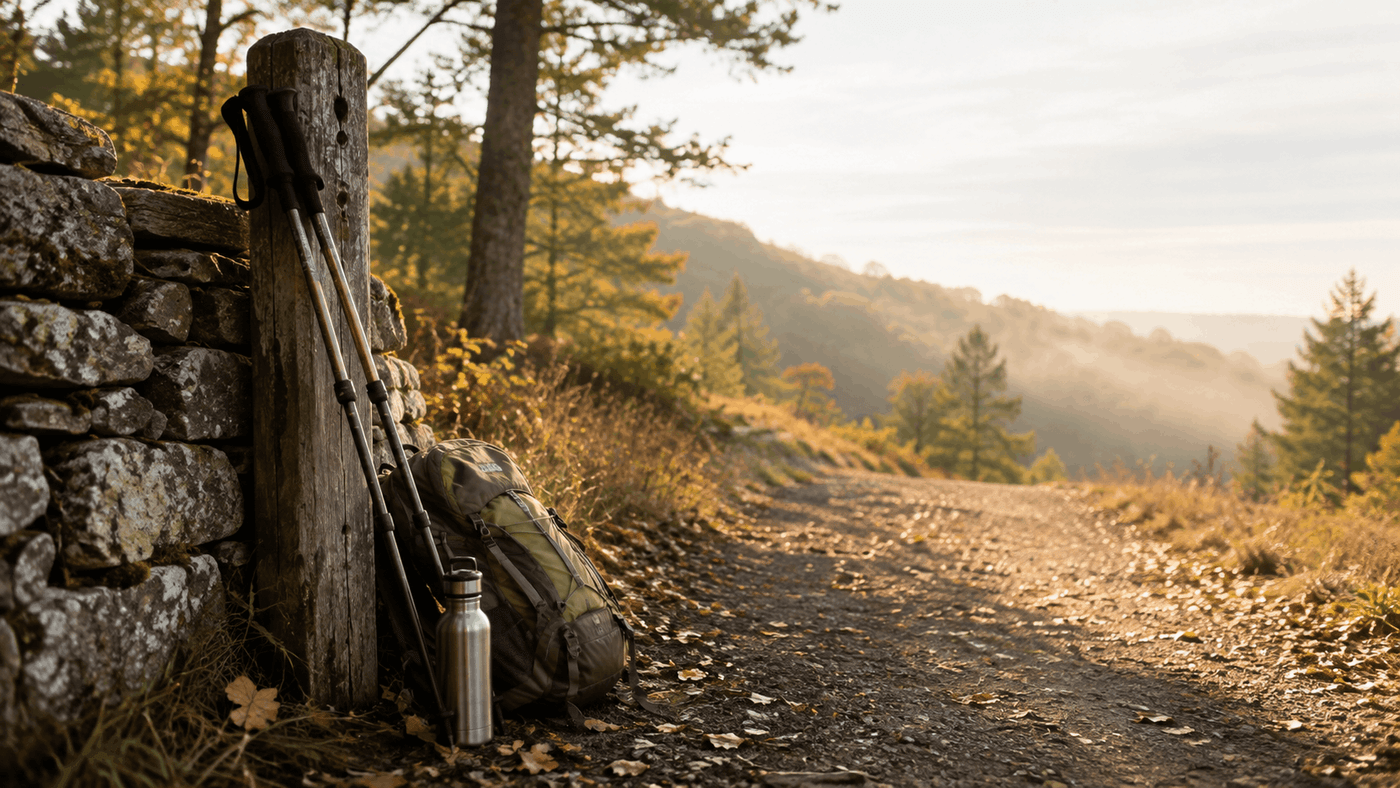 Trekking poles and a water bottle resting at a sunlit forest trailhead" - trailhead-hiking-poles-morning-light.
