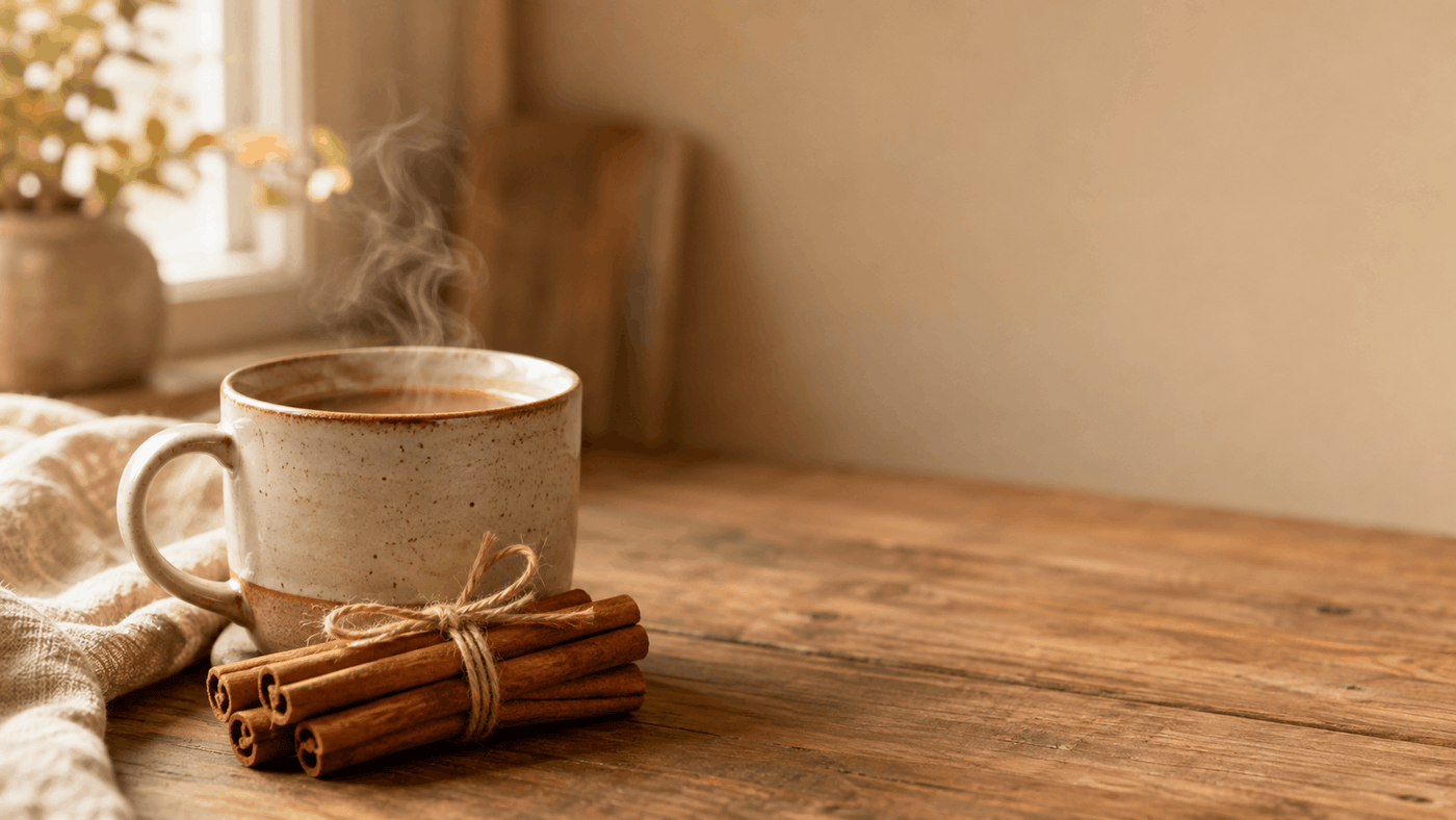 Bundled cinnamon sticks beside a warm mug of tea on a wooden table in morning light" - cinnamon-morning-still-life-wooden-table