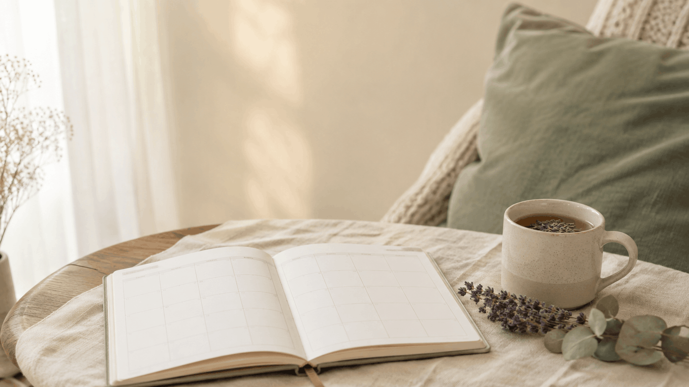 An open blank planner beside a mug of herbal tea and dried lavender on a linen-draped table" - quiet-balance-ritual-planner-herbal-tea.
