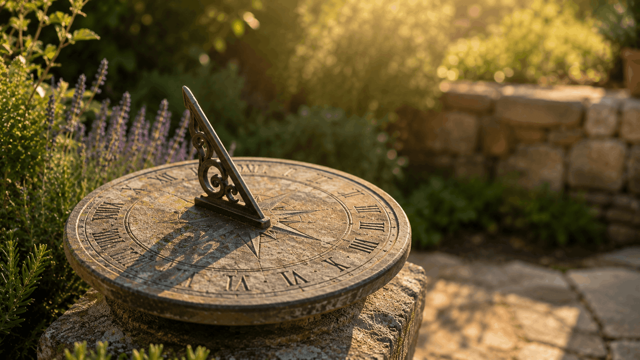 A stone garden sundial catching warm daylight with a soft cast shadow" - steady-day-garden-sundial-warm-light.