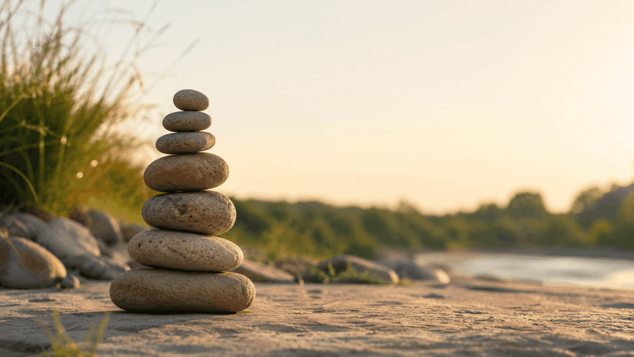 A small cairn of balanced stones outdoors in warm morning light" - balanced-cairn-stones-morning-light.