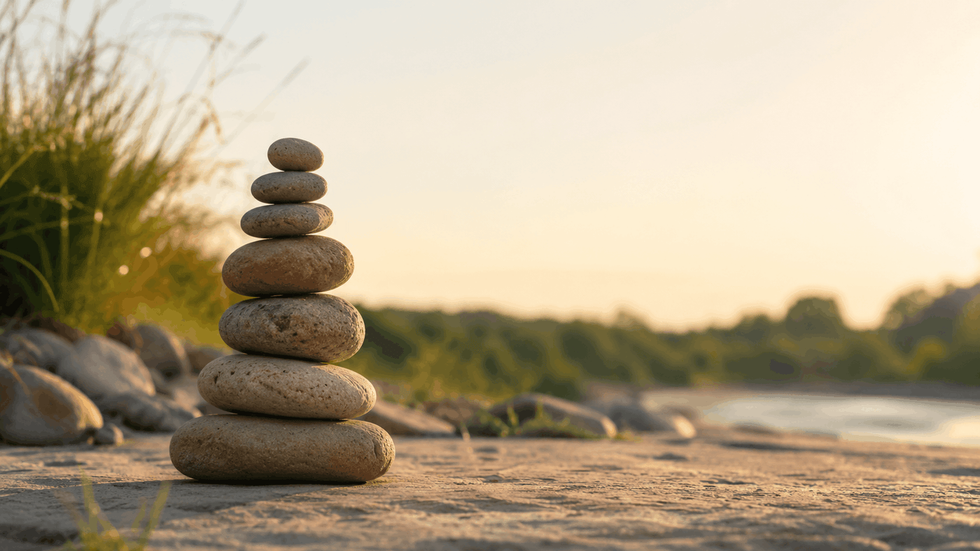 A small cairn of balanced stones outdoors in warm morning light" - balanced-cairn-stones-morning-light.
