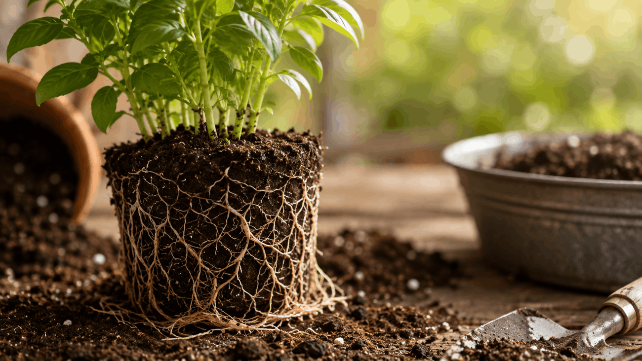Healthy plant roots reaching through rich soil in warm natural light" - rooted-growth-soil-roots-garden.
