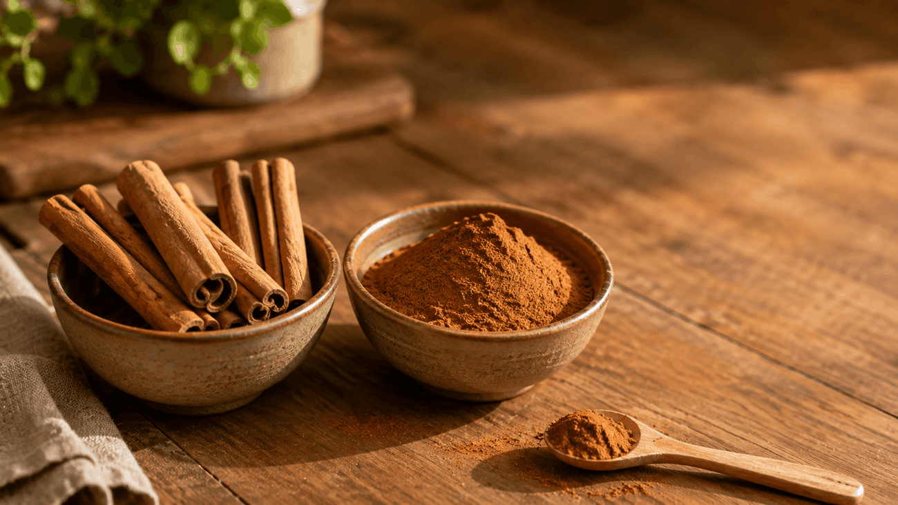 Two small bowls of cinnamon bark and ground cinnamon spice on a warm wooden table" - two-source-cinnamon-blend-wooden-table.