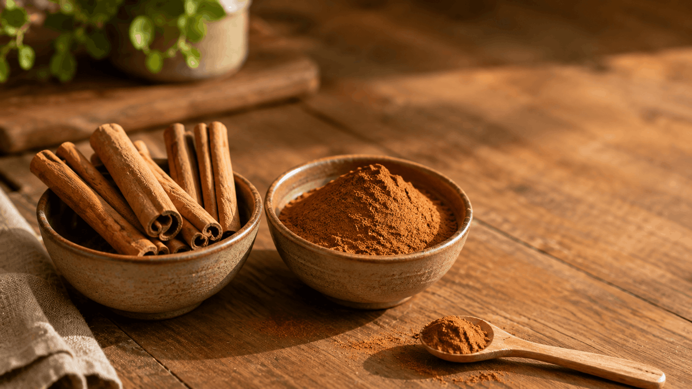 Two small bowls of cinnamon bark and ground cinnamon spice on a warm wooden table" - two-source-cinnamon-blend-wooden-table.