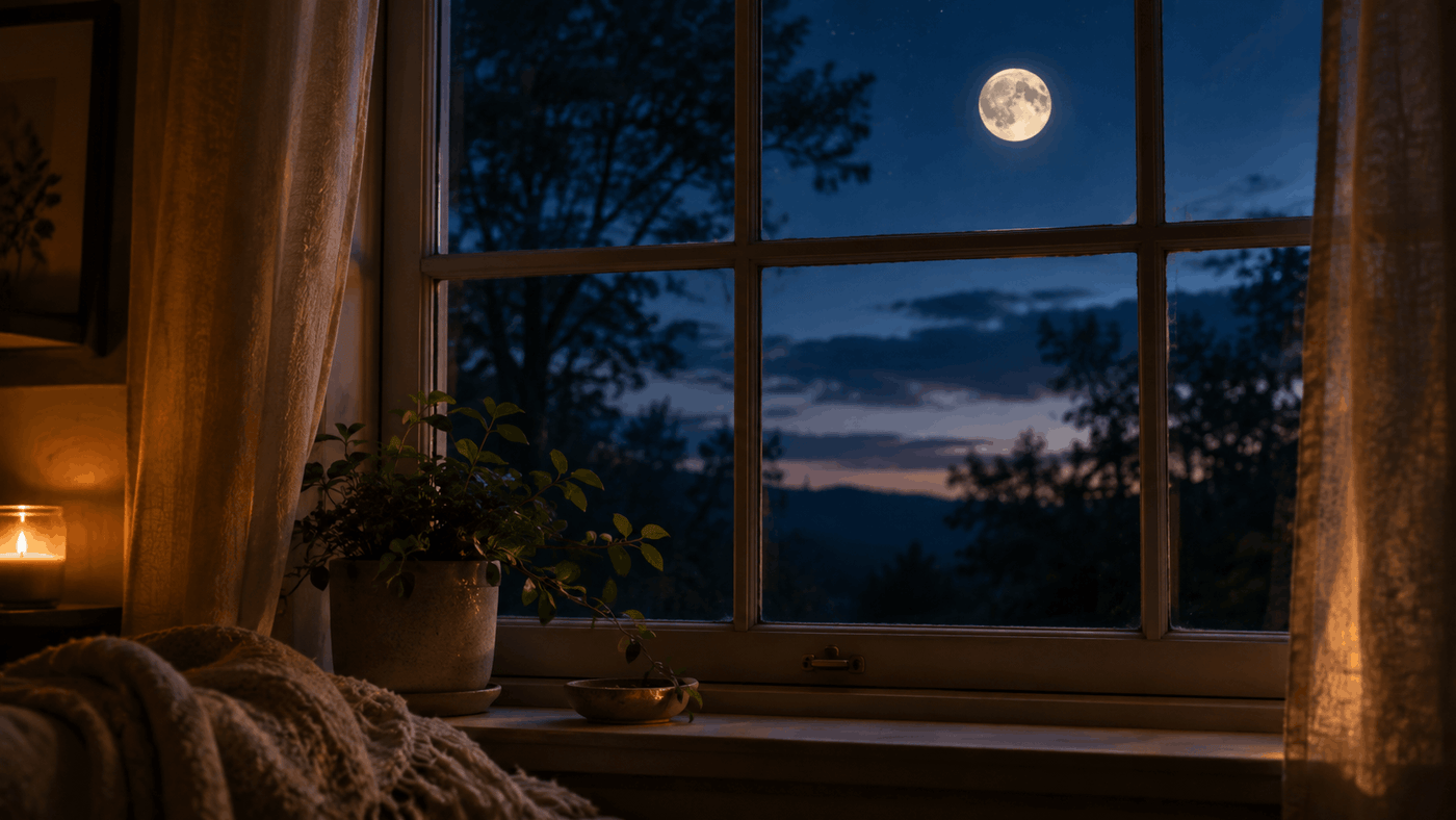 A moon visible through a softly lit window at dusk" - moonlit-window-natural-rhythm-dusk.
