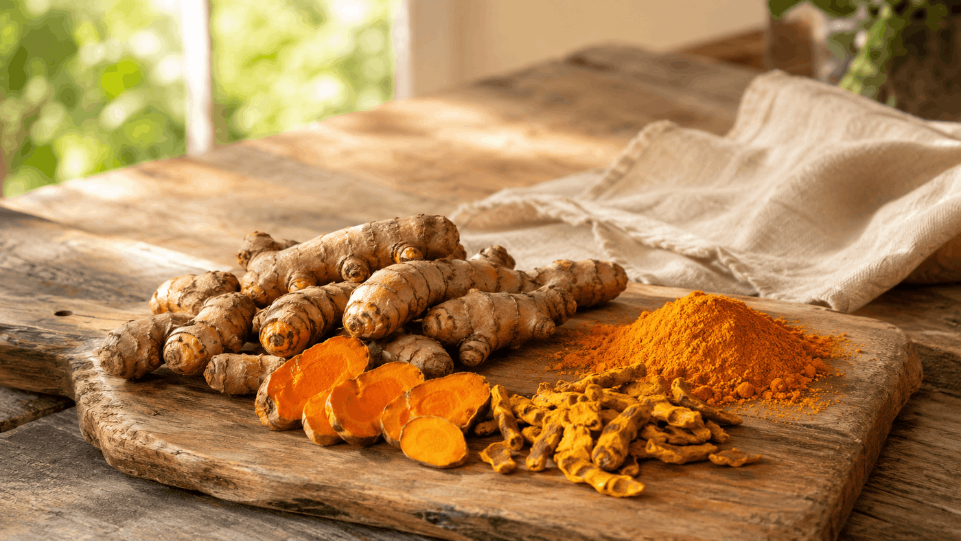 Fresh turmeric root and golden turmeric powder arranged on a rustic wooden board in warm natural light