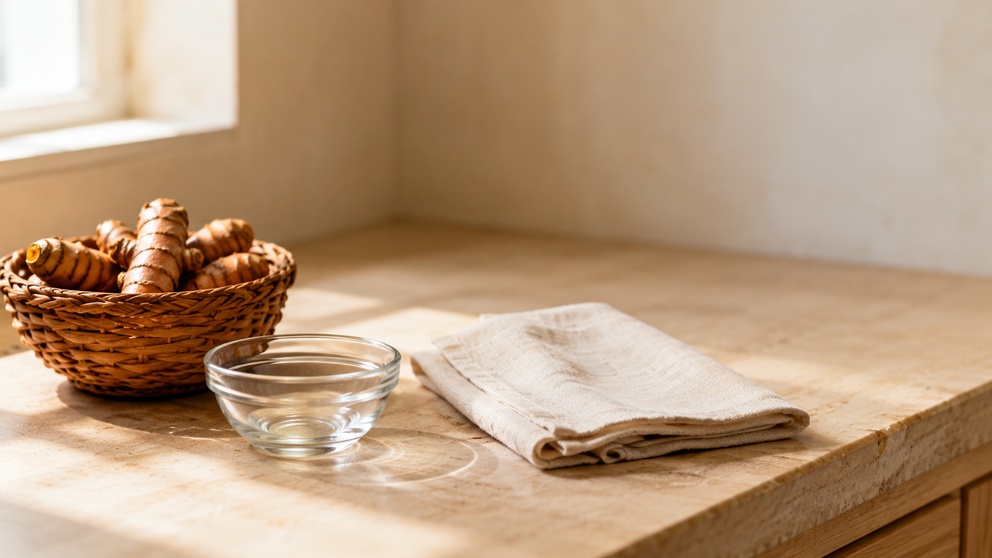 A small woven basket of turmeric root and a glass bowl on an uncluttered kitchen counter in soft morning light