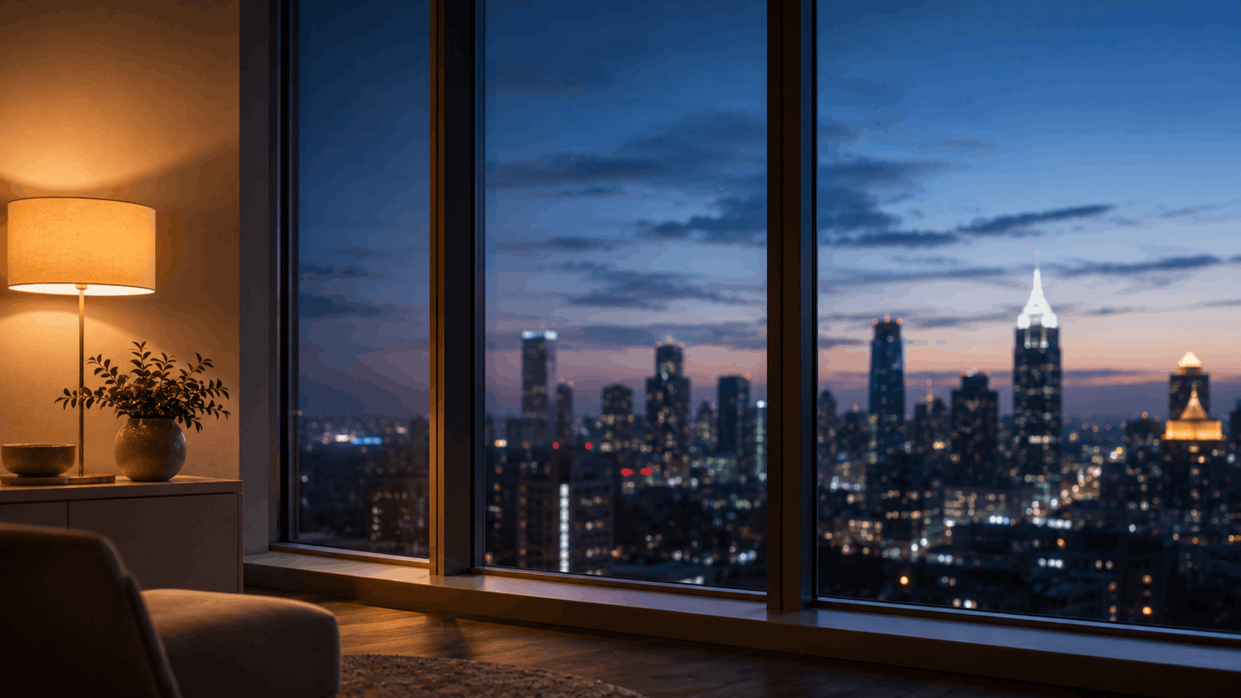 A warmly lit interior window overlooking a soft city skyline at blue hour