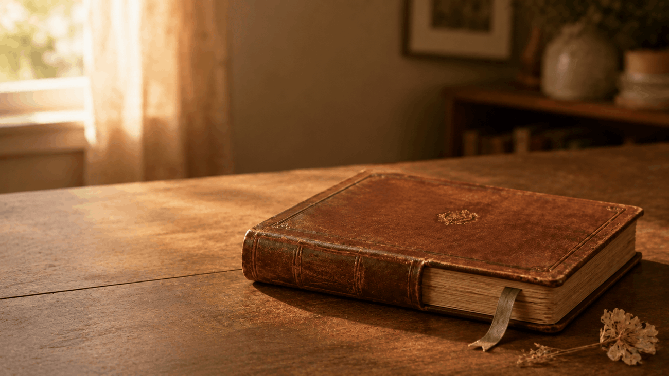 A closed vintage leather photo album with a ribbon bookmark resting on a warm wooden table