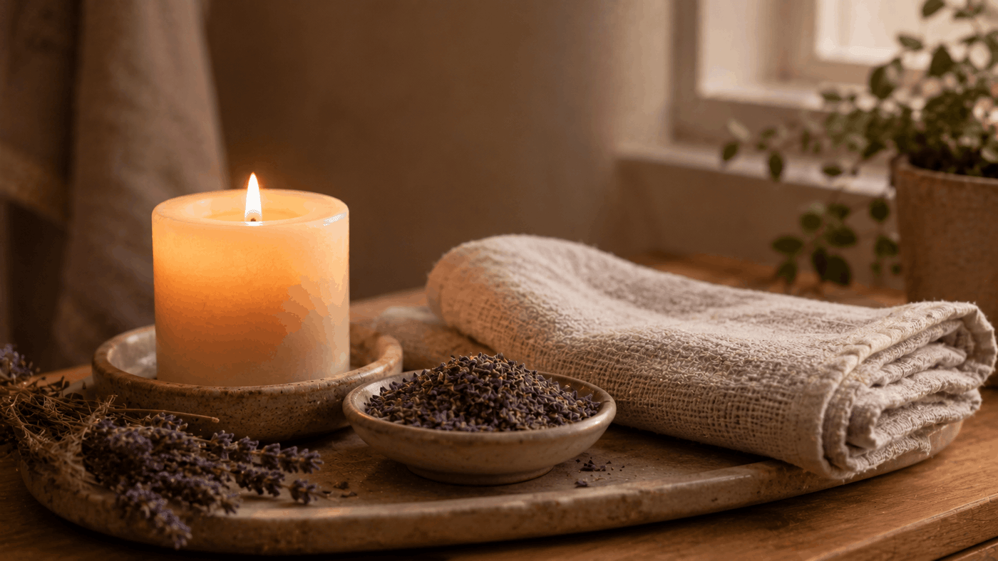 A lit candle, folded linen towel, and dried lavender on a stone tray in soft evening light