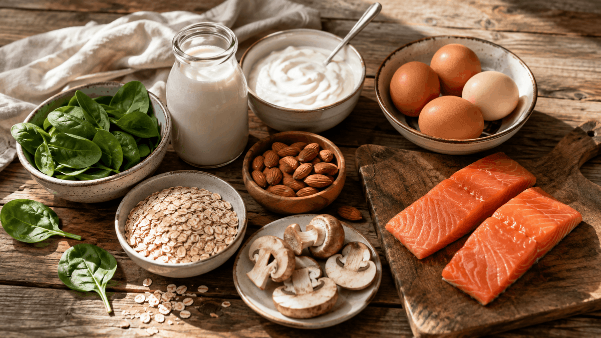 Rustic wooden table set with food sources of riboflavin, including plain yogurt, milk, eggs, almonds, spinach, rolled oats, mushrooms and salmon