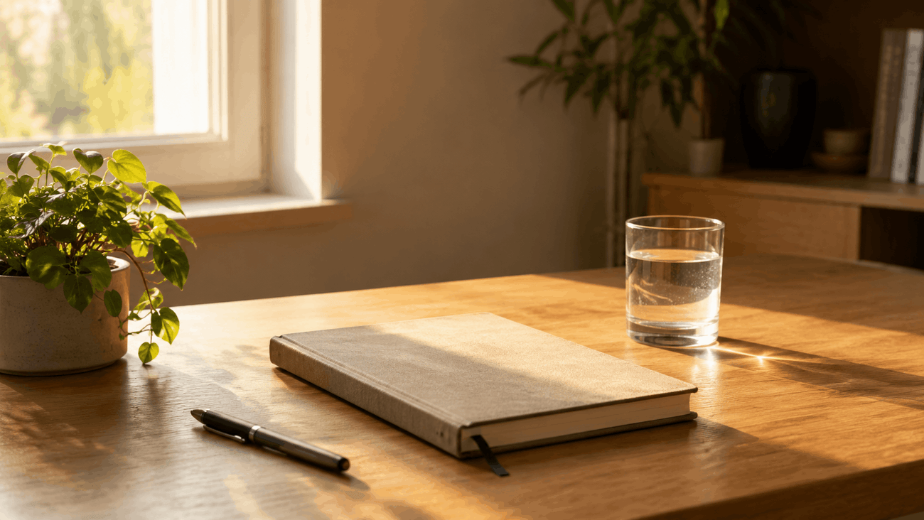 A sunlit home workspace at roughly 4 PM: a closed notebook, a pen, a plant, a glass of water, low amber light across the desk.