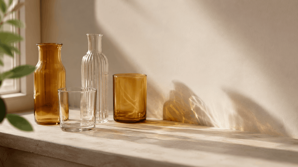 Amber and clear glass bottles of different heights on a pale stone windowsill, backlit by morning sun casting warm amber light and shadows