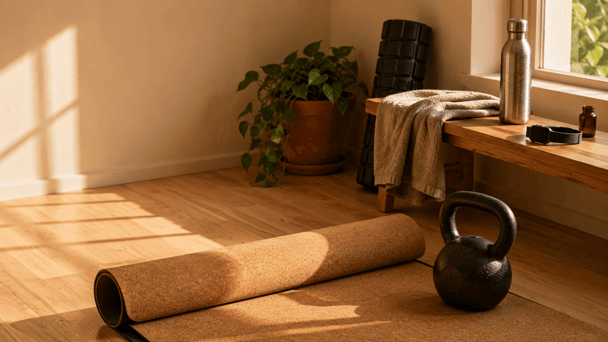Sunlit home training corner with a cork yoga mat, kettlebell, foam roller, folded towel, and stainless water bottle on a wooden bench