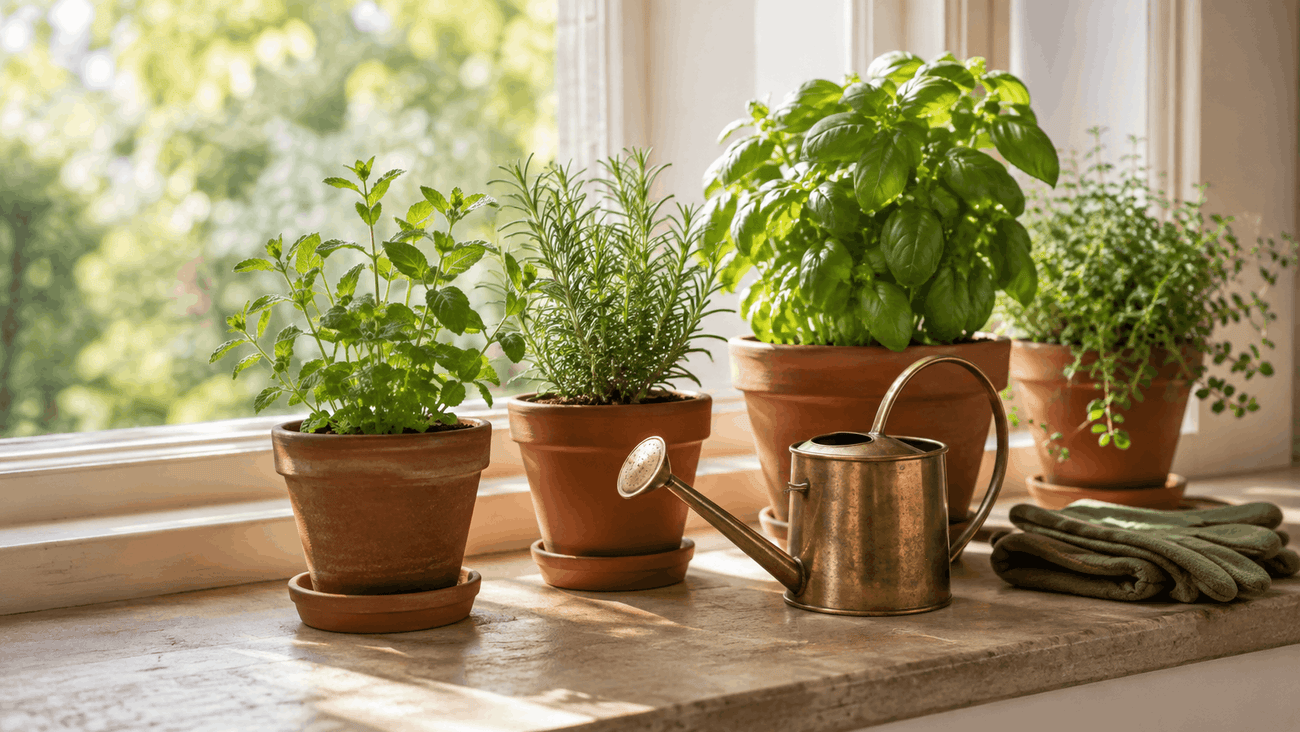 Young potted herbs in terracotta pots on a sunlit stone windowsill beside a small brass watering can and folded cotton garden gloves