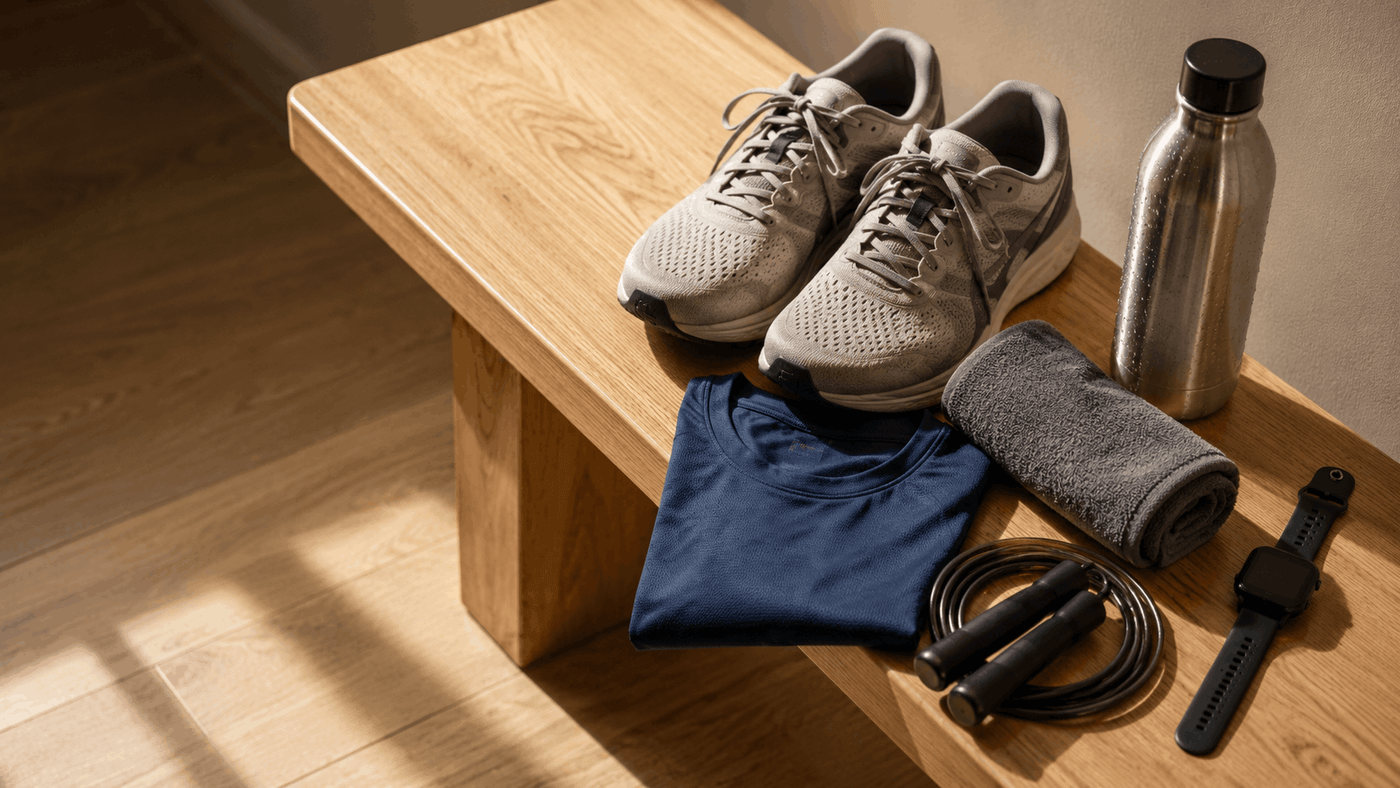 Running shoes, a folded shirt, rolled towel, stainless water bottle, jump rope, and a fitness tracker watch arranged on a light wooden bench