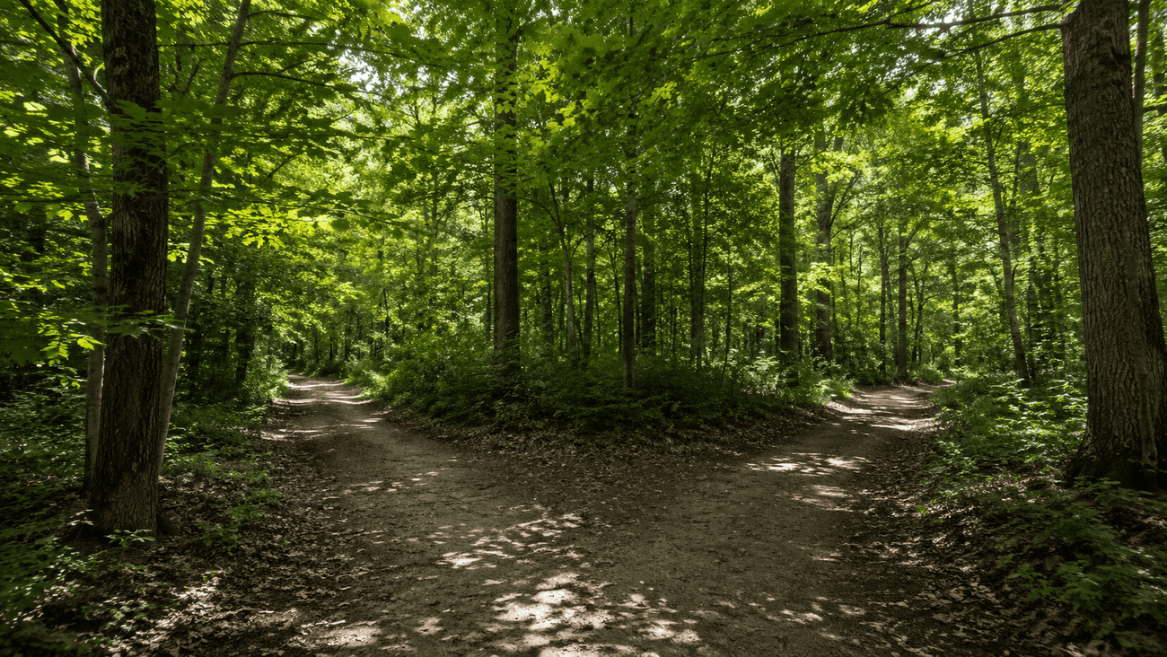 A dirt woodland footpath dividing into two separate tracks between mature tree trunks, with dappled midday light falling across the leaf-covered ground