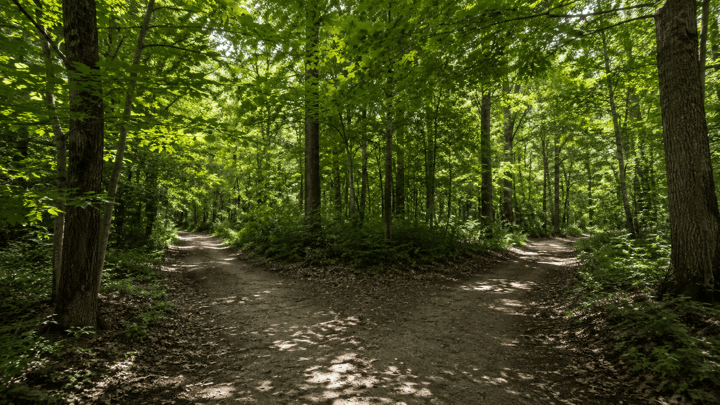 A dirt woodland footpath dividing into two separate tracks between mature tree trunks, with dappled midday light falling across the leaf-covered ground