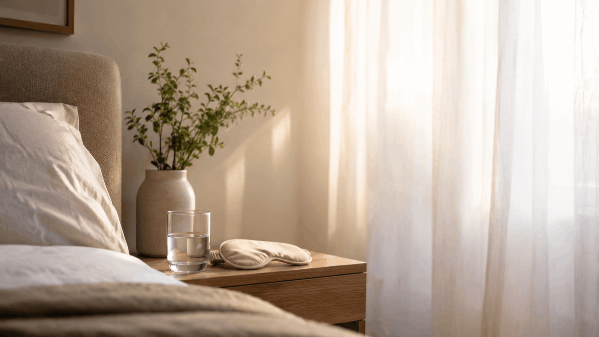 Sunlit bedroom with a neatly made bed, a glass of water and sleep mask on a wooden bedside table, and soft neutral decor.