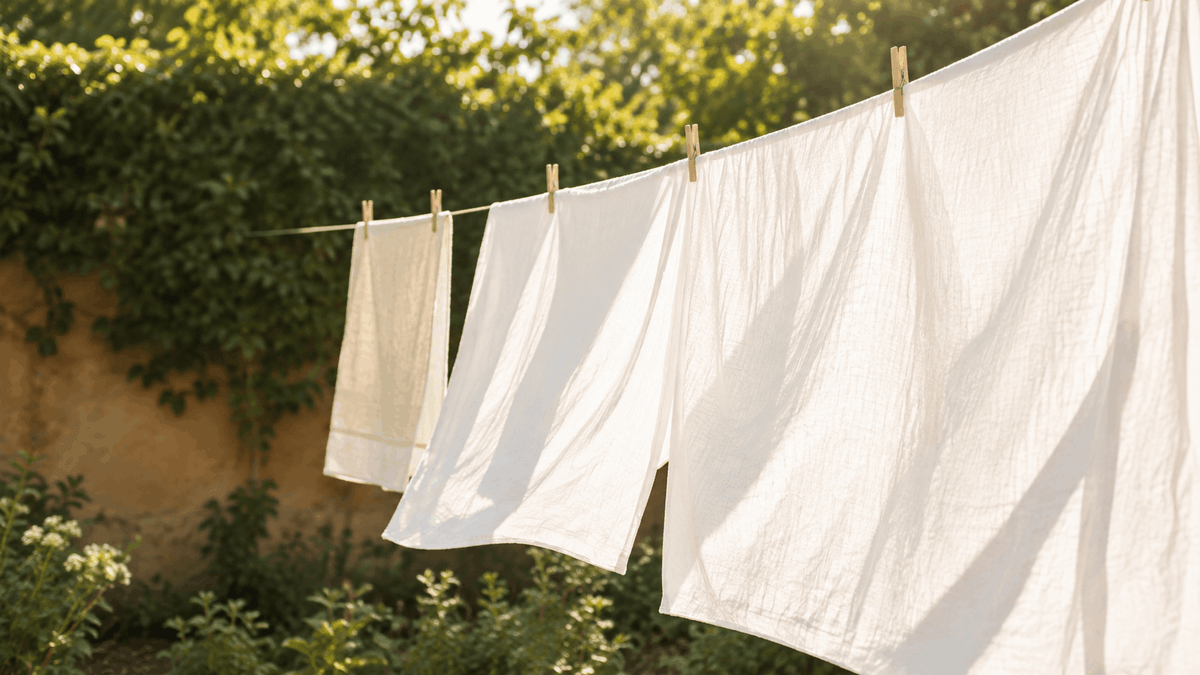 Plain white linens hanging on an outdoor clothesline in bright warm sunlight, lifted slightly by the air, with soft green garden foliage behind
