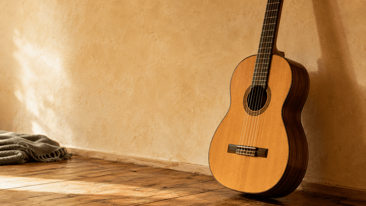 Acoustic guitar resting against a warm plaster wall on a bare wooden floor in morning light