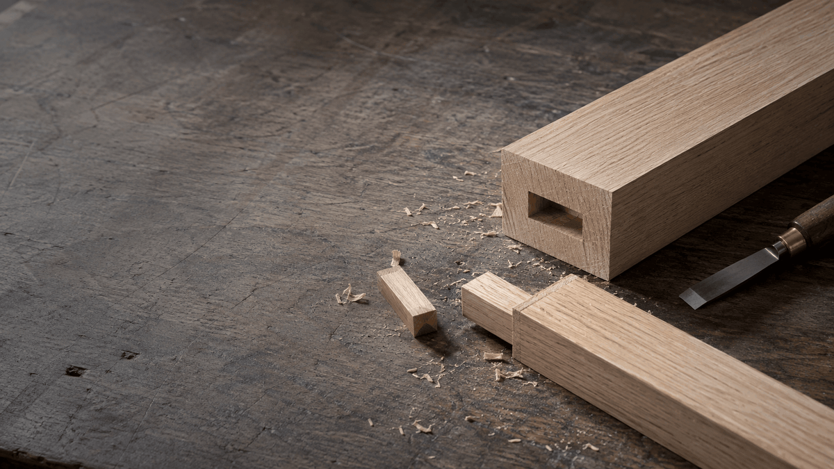 Hand-cut wooden mortise-and-tenon joint pieces on a workbench in daylight