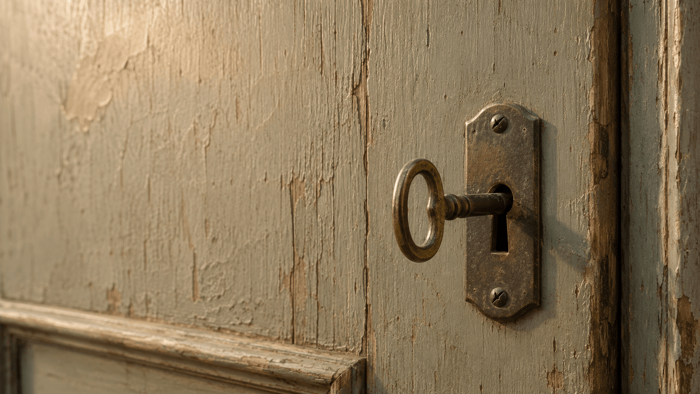 Brass key resting in the lock plate of a weathered wooden door in afternoon light