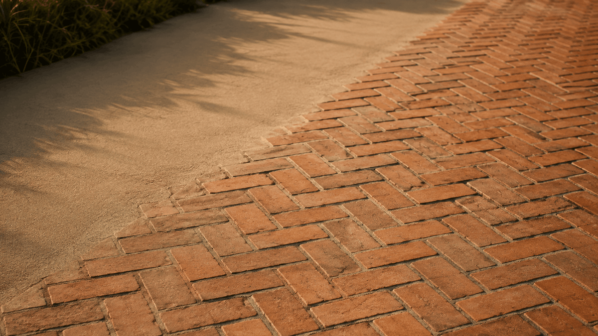 Herringbone brick paving laid in sand, lit by low afternoon sun