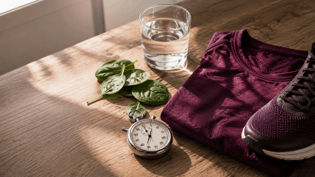 Pre-workout setup on a warm off-white surface: a glass of water, an analog stopwatch, fresh spinach leaves, a folded plum training shirt, and a running shoe in soft morning light.