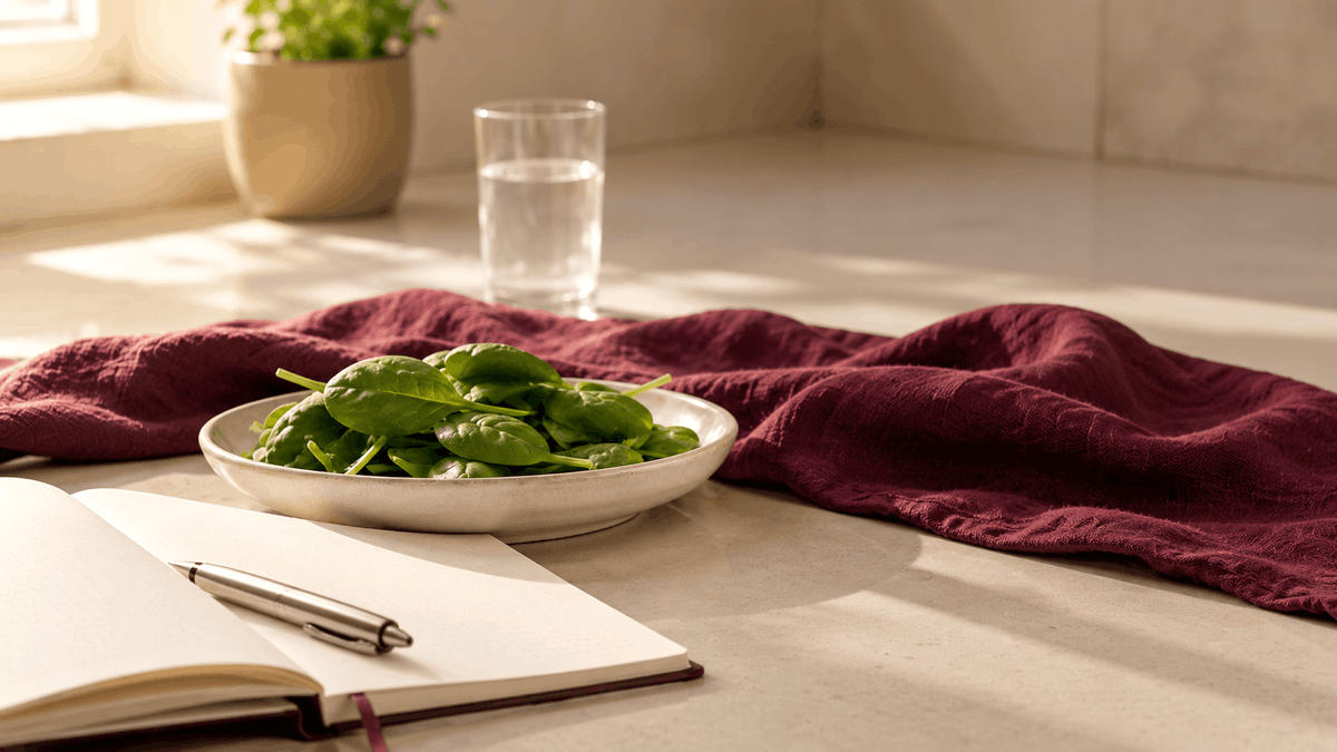 Fresh spinach leaves fanned across plum linen beside the NITRATE-IQ plant-based nitrate supplement carton