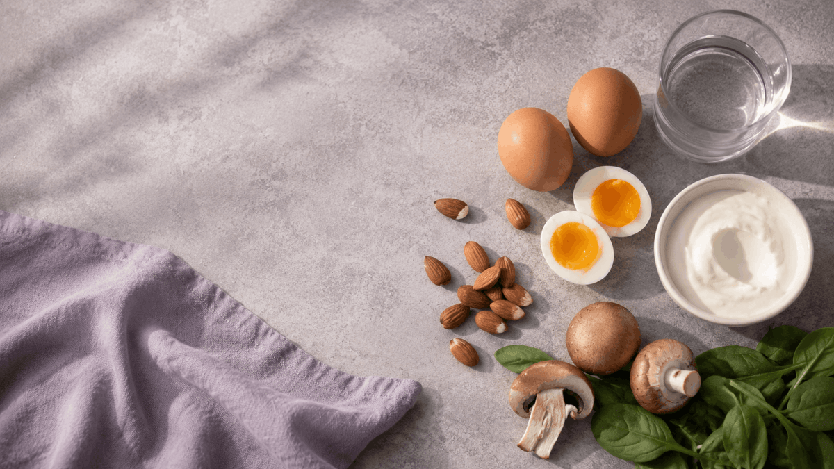 Brown eggs with one halved, raw almonds, sliced cremini mushrooms, a bowl of plain yogurt, and loose spinach leaves on a violet-grey stone surface beside a glass of water and folded lavender linen.