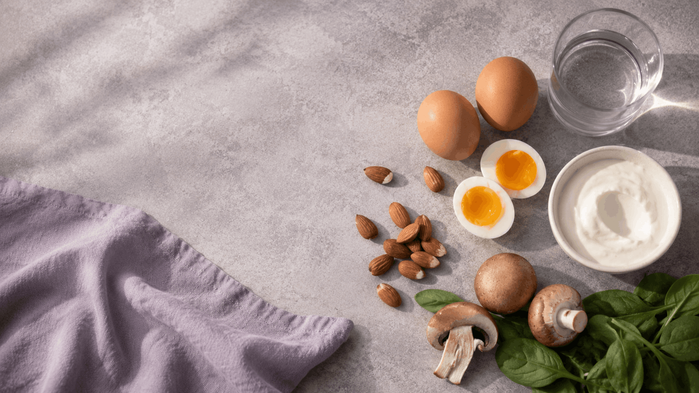 Brown eggs with one halved, raw almonds, sliced cremini mushrooms, a bowl of plain yogurt, and loose spinach leaves on a violet-grey stone surface beside a glass of water and folded lavender linen.